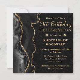 Invitación Elegante Cumpleaños 21 Agata Brillante Negro Oro
