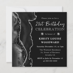 Invitación Elegante Cumpleaños 21 Agata Brillante Negro y Pla