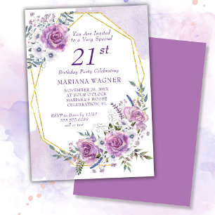Invitación Elegante Cumpleaños 21 Años Floral Morado Acuarela