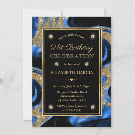 Invitación Elegante Cumpleaños 21 azul fundido y brillo dorad
