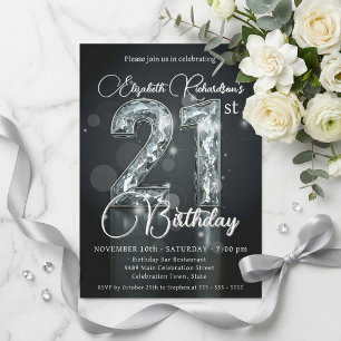 Invitación Elegante Cumpleaños 21 Brillante con Diamantes de 