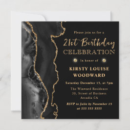 Invitación Elegante Cumpleaños 21 con Agata Brillante Negra y