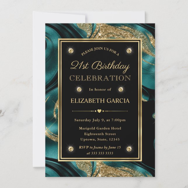 Invitación Elegante Cumpleaños 21 con Brillo de Teal Fundido  (Anverso)