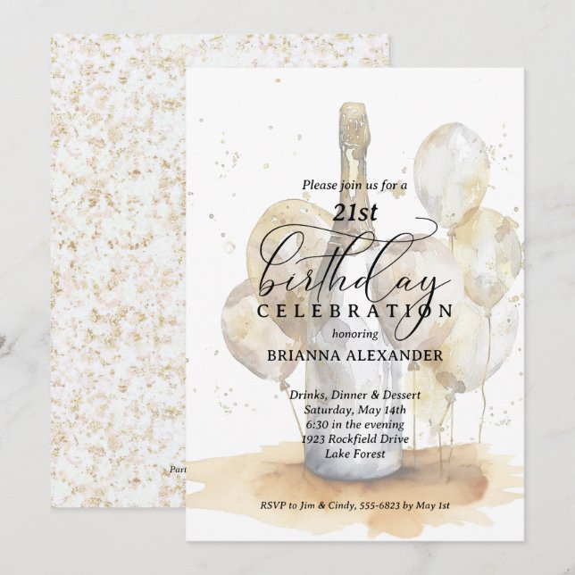 Invitación Elegante Cumpleaños 21 con Champán y Globos (Anverso / Reverso)