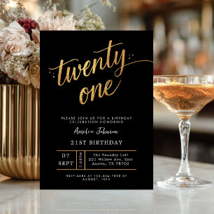 Invitación Elegante Cumpleaños 21 con Letra Negra y Dorada