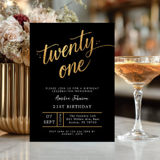 Invitación Elegante Cumpleaños 21 con Letra Negra y Dorada