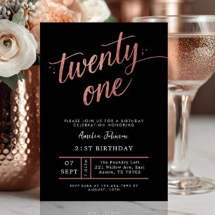 Invitación Elegante Cumpleaños 21 con Letra Negra y Dorado Ro