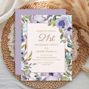 Invitación Elegante Cumpleaños 21 Floral Lila Púrpura