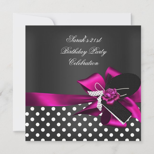 Invitación Elegante Cumpleaños 21 Negro con Mancha Rosa Blanc (Anverso)