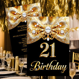 Invitación Elegante Cumpleaños 21 Negro Mariposa Dorada Lazo