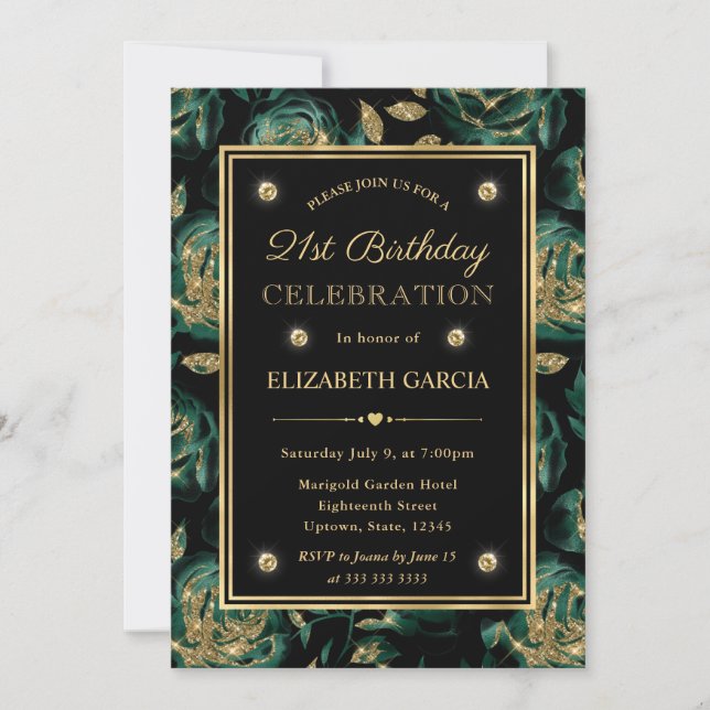 Invitación Elegante Cumpleaños 21 Verde y Dorado Floral de Ro (Anverso)