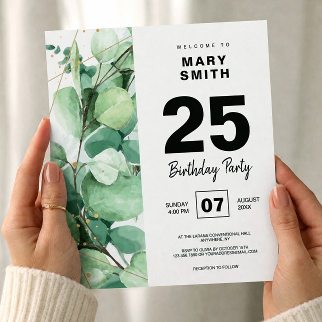 Invitación Elegante cumpleaños 25 con eucalipto acuarela (Subido por el creador)