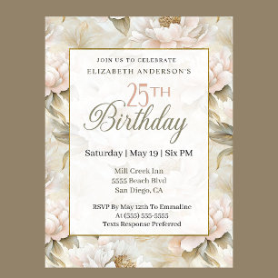 Invitación Elegante Cumpleaños 25 de Rosa Suave Marfil Peonía