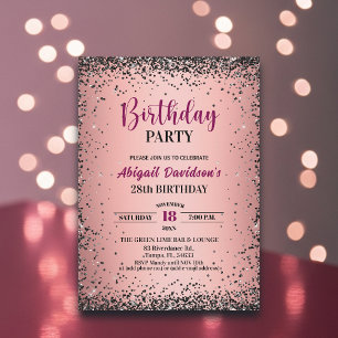 Invitación Elegante Cumpleaños 28 con Brillo Negro Metálico R