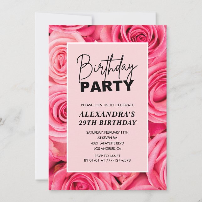 Invitación Elegante cumpleaños 29 Flores Rosas Pink (Anverso)