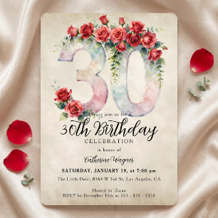 Invitación Elegante Cumpleaños 30 Aquarela Rosa Roja Vintage