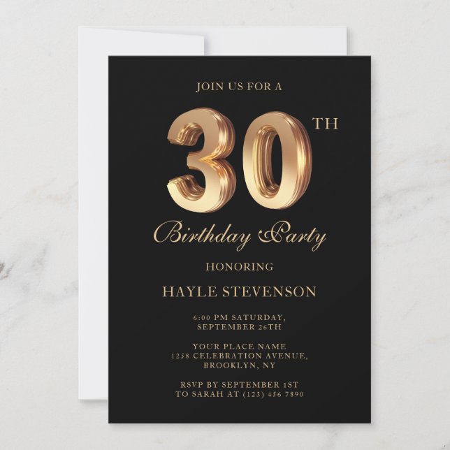 Invitación Elegante Cumpleaños 30 Chic Negro & Oro de Lujo (Anverso)