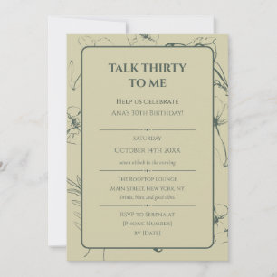 Invitación Elegante Cumpleaños 30 con Flores de Arte en Verde