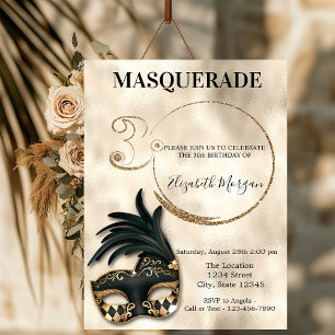 Invitación Elegante Cumpleaños 30 con Máscara de Oro