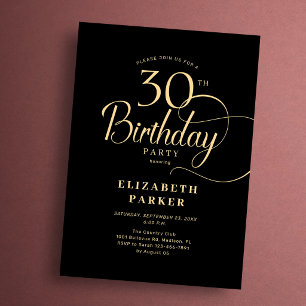 Invitación Elegante Cumpleaños 30 Cumpleaños Simple Negro Dor