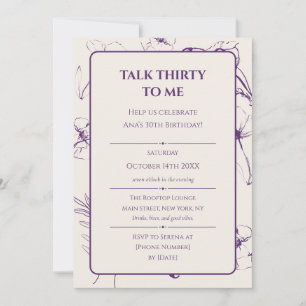 Invitación Elegante Cumpleaños 30 Floral de Arte Fino Púrpura
