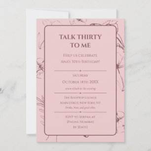 Invitación Elegante Cumpleaños 30 Floral de Arte Fino Rosa Po