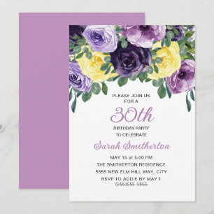 Invitación Elegante Cumpleaños 30 Floral Púrpura Amarillo