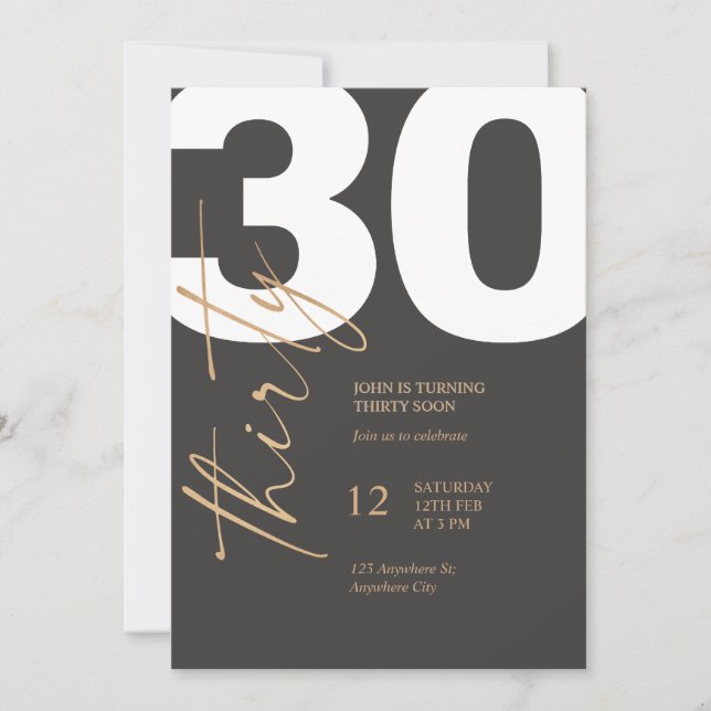 Invitación Elegante Cumpleaños 30 Negro y Dorado (Anverso)