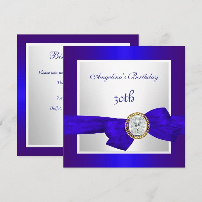 Invitación Elegante Cumpleaños 30 Royal Azul Blanco Diamante (Anverso / Reverso)