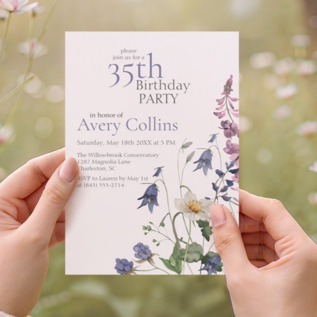 Invitación Elegante cumpleaños 35 con flores de acuarela de f (Subido por el creador)