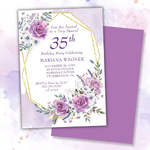 Invitación Elegante Cumpleaños 35 Floral Púrpura Acuarela