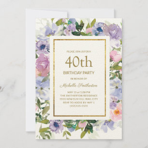 Invitación Elegante Cumpleaños 40 Azul Púrpura Floral Oro