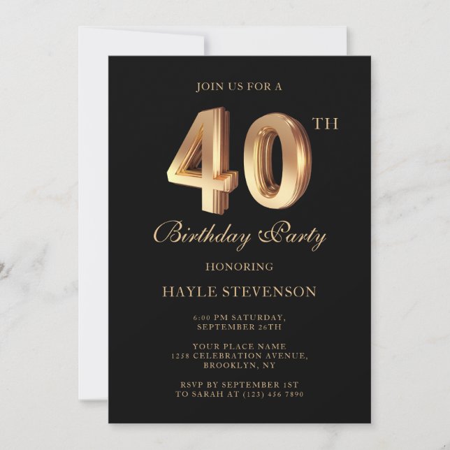 Invitación Elegante Cumpleaños 40 Chic Negro & Oro de Lujo (Anverso)