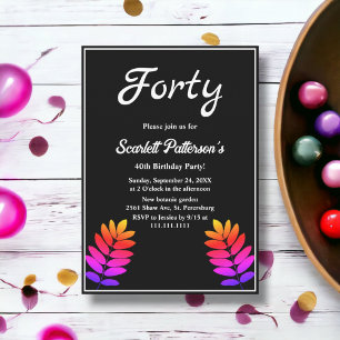 Invitación Elegante Cumpleaños 40 con Brillo de Hojas en Blan
