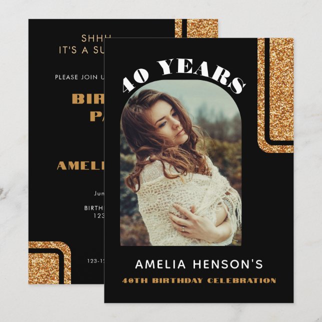 Invitación Elegante Cumpleaños 40 con Brillo de Oro Negro Fot (Anverso / Reverso)