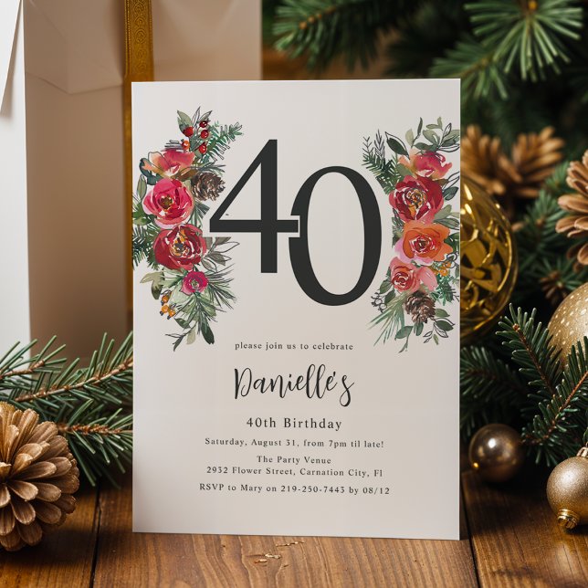 Invitación Elegante Cumpleaños 40 con Flores Naranjas y Rojas (Subido por el creador)