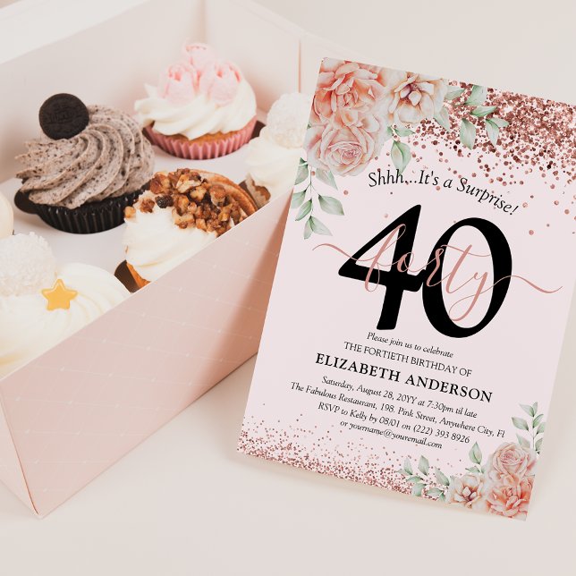 Invitación Elegante Cumpleaños 40 con Flores Rosadas y Brillo (Subido por el creador)