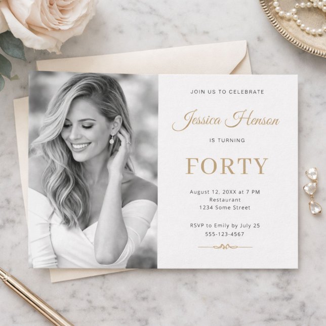 Invitación Elegante Cumpleaños 40 con Foto en Script Dorado M (Subido por el creador)