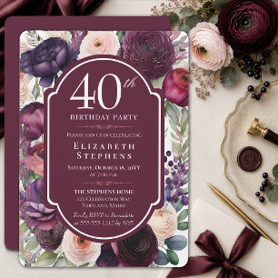 Invitación Elegante Cumpleaños 40 con Ranunculus Florales de 