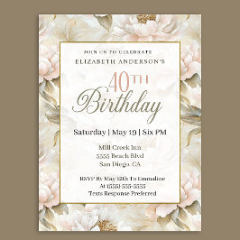 Invitación Elegante Cumpleaños 40 con Rosa Suave y Peonía Mar