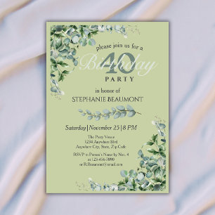Invitación Elegante Cumpleaños 40 de Mujer con Flor de Verde 