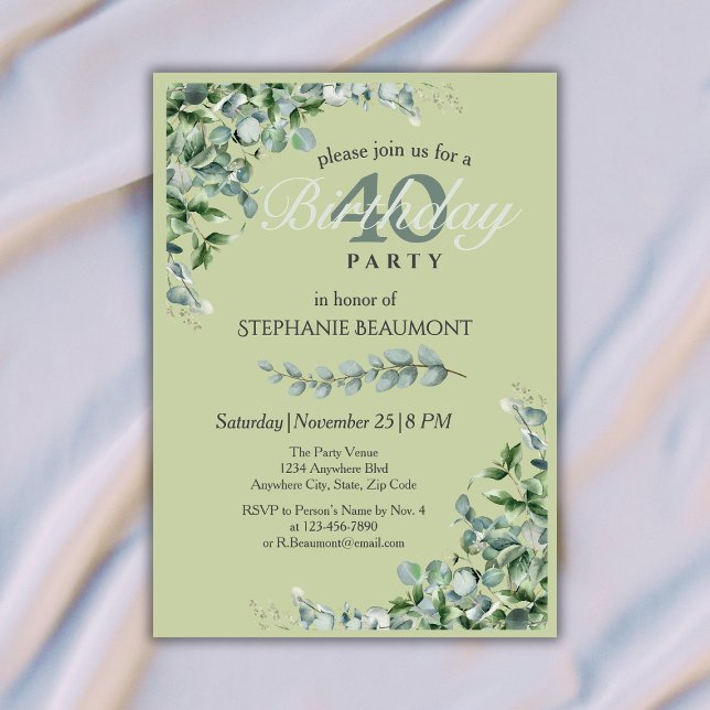 Invitación Elegante Cumpleaños 40 de Mujer con Flor de Verde  (Subido por el creador)