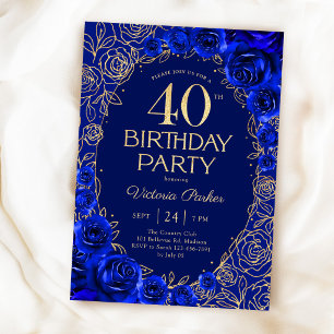 Invitación Elegante cumpleaños 40 en azul real y dorado flora