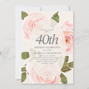 Invitación Elegante Cumpleaños 40 en Floral Rosa Claro de Pri
