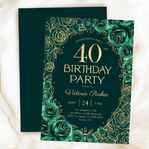 Invitación Elegante Cumpleaños 40 Esmeralda Verde y Floral Do