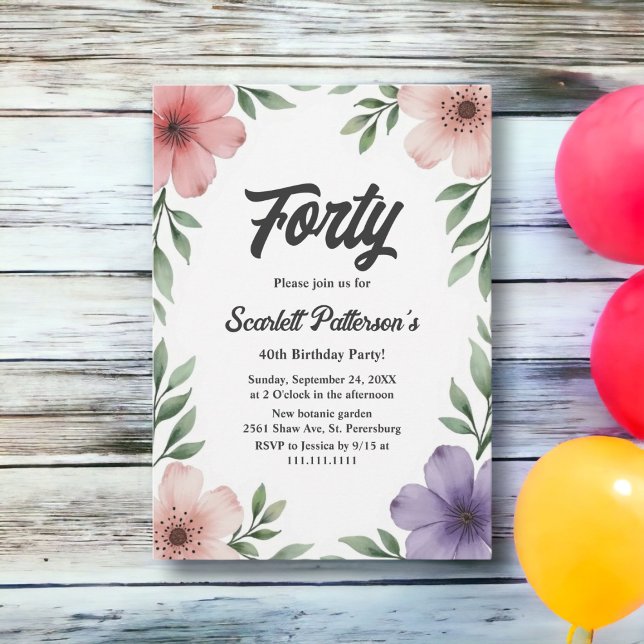 Invitación Elegante Cumpleaños 40 Floral Acuarela Rústica (Subido por el creador)