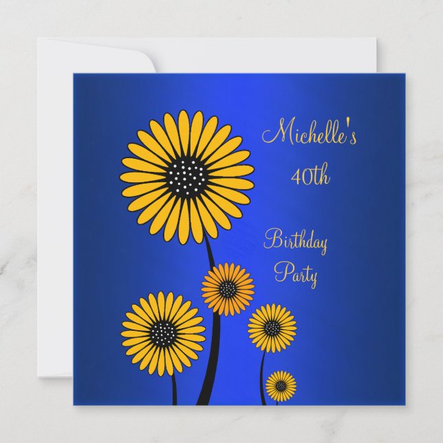 Invitación Elegante Cumpleaños 40 Floral Amarillo Azul (Anverso)