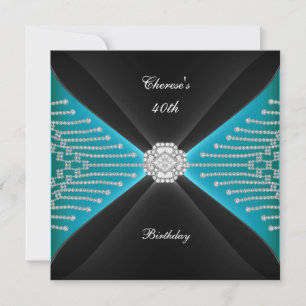 Invitación Elegante Cumpleaños 40 Negro Azul Turquesa Diamant