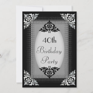 Invitación Elegante Cumpleaños 40 Negro y Plata