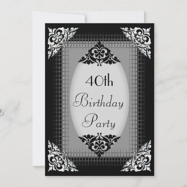 Invitación Elegante Cumpleaños 40 Negro y Plata (Anverso)
